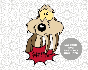 May include: A cartoon coyote with a surprised expression and large teeth, wearing a brown jacket, with a red speech bubble that says "$#!%!".