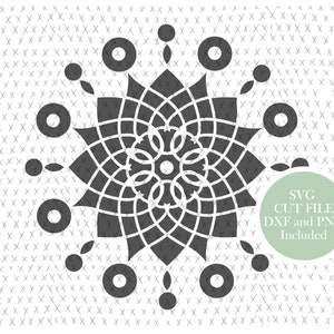 May include: A black and white mandala design with a circular pattern of dots and rings around the center. The text "SVG CUT FILE DXF and PNG Included" is in a green circle in the lower right corner.