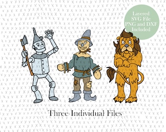 Imágenes prediseñadas de personajes del Mago de Oz en formato SVG: Hombre de Hojalata, León y Espantapájaros (Descarga digital)