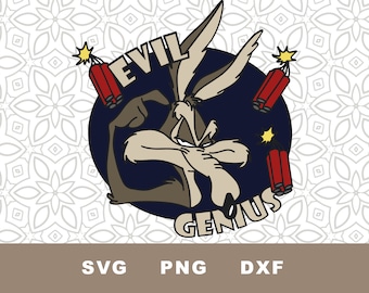 May include: A cartoon coyote with a mischievous grin, wearing a dark blue circle with the words "Evil Genius" and surrounded by dynamite sticks.
