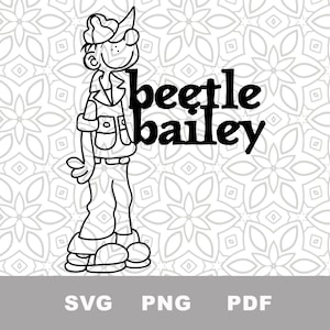 May include: Black and white cartoon illustration of Beetle Bailey. The character is wearing a cap, uniform, and boots. The text "beetle bailey" is written in bold, black letters. The background has a white floral pattern.