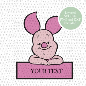 May include: Pink piglet cartoon character with a big smile, peeking over a pink banner with the text "YOUR TEXT".