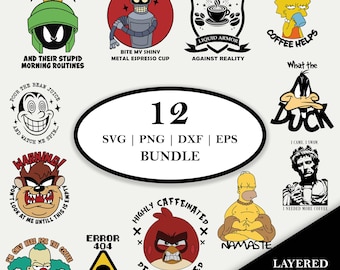Grumpy Cartoon Coffee SVG Bundle | Layered Color Cut Files (Digital Download)