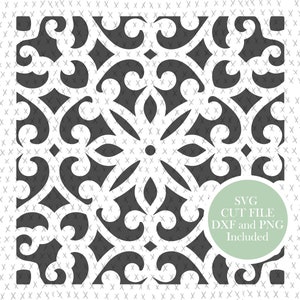 May include: A dark grey, symmetrical floral pattern on a white background with a repeating 'X' design. A green circle contains the text 'SVG CUT FILE DXF and PNG Included'.