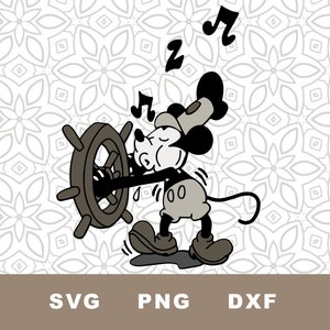 May include: Black and white cartoon illustration of Mickey Mouse dressed as a sailor, holding a ship's wheel and singing. He is wearing a sailor hat, a white shirt, and black pants.