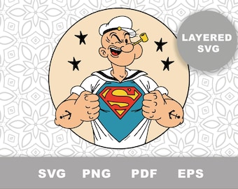Popeye Superman SVG, Sailor Man Mashup Cut File, Retro Hero PNG, Comic Parody Clipart for Cricut, Silhouette, Sublimation Design