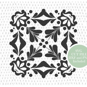 May include: Black and white geometric design with a floral pattern. The design is symmetrical and has a repeating pattern of leaves and circles. The design is suitable for use as a digital cut file for crafting projects.
