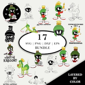 May include: A digital design bundle featuring 17 illustrations of the cartoon character Marvin the Martian in various poses, some in color and some as line art. Text includes "TRY ME I DARE YOU", "NOT TODAY, EARTHLINGS", "STEPPING INTO THE CHAOS LIKE A PROFESSIONAL", and "WHERE'S THE KABOOM?"
