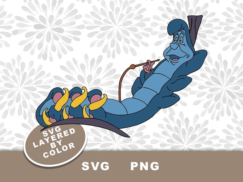 Puede incluir: Una oruga azul con una cara humana, que lleva un sombrero y fuma una pipa, est&aacute; tumbada de lado con las patas enroscadas. La oruga est&aacute; sobre un fondo blanco con un patr&oacute;n de flores grises.