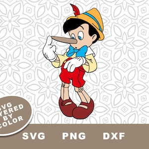 Pinocchio SVG-bestand knippen, Pinokkio groeiende neus, Clipart, DXF, PNG, gelaagd op kleur, Instant Download