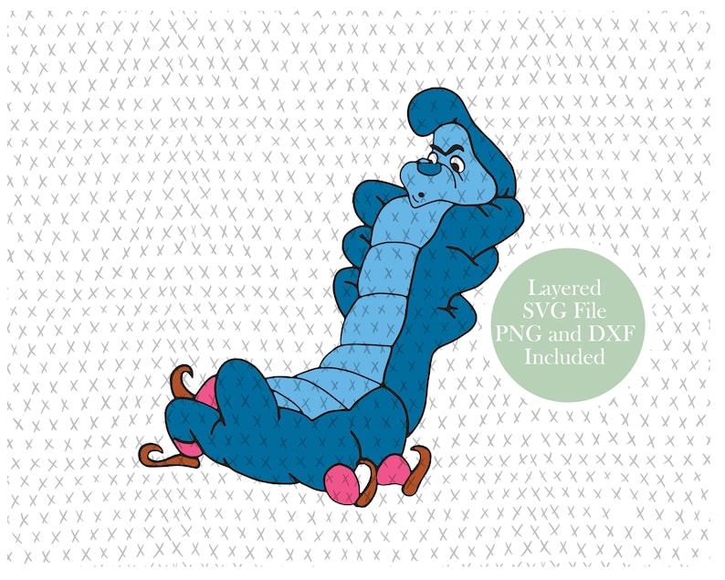 May include: A blue caterpillar with a grumpy expression sits with its legs crossed. The caterpillar is curled up in a circle and has a pink and white striped hat. The background is a white pattern of small crosses.