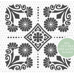 May include: Black and white geometric tile design with a floral pattern. The design is symmetrical and features a central diamond shape with a cross inside. The tile is surrounded by four corner designs with a floral motif. The text "SVG CUT FILE DXF and PNG Included" is in a green circle.