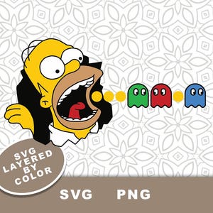May include: A digital graphic illustration featuring a yellow cartoon character with a wide-open mouth, appearing to consume yellow dots and three ghosts in green, red, and blue colors. The image includes text that reads SVG LAYERED BY COLOR, SVG, PNG.