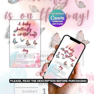 Butterfly baby shower invitation, editable digital template, electronic baby birthday invitation