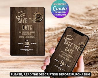 May include: A rustic wood-grain save the date card with a compass and cowboy hat graphic. The text reads "Save the Date" for the Western wedding celebration of Olivia and Michael. The date is Sunday, January 28, 2024 at 8 PM. The address is 123 Anywhere St., Ant City, ST 12345.