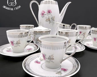 Bavaria - Koffieservies voor 6 personen, bloemmotief in zilver + suikerpot, melkkannetje en koffiepot - Porselein - Vintage jaren 60
