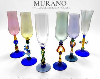 Murano Glass Masters - Six-Person Champagne Flute Set, "l'Art Abstrait" Model - Hand-Blown Glass - 1970s