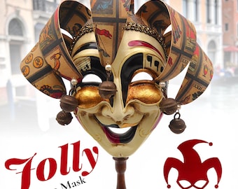 Carnavalmasker La Gioia (Venetië) Joker of nar, versierd met bladgoud - Handbeschilderd keramiek (1980-1990)