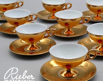 Coffee service x12 Rieber Mitterteich, BAVARIA - Model "Augusta Victoria of Schleswig-Holstein" 22K Pure Gold and Rubies, 1940s