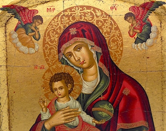 Icoon "Maagd Vrefokratousa met Kind" met gouden achtergrond - Hout, gewaxte stof - 20e eeuw
