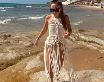 Verstelbare boho macraméjurk, Griekse godinjurk, bruiloft boho strandjurk, strandkleed, katoenen zomerjurk,