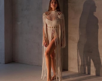 Feeënjurk, godinnenjurk voor festival, bruiloft of fotoshoot, boho-trouwjurk, boho-huwelijksjurk, macraméjurk, rave boho-outfit