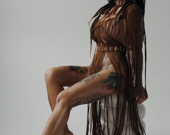 Macramé-jurk met franje, pure boho-fotoshootjurk, op maat gemaakte sexy transparante jurk