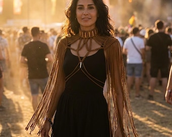 Macramé-schouderepauletten met franje, aangepaste maat: schoudersieraden, rave-outfit, crop top, festivaloutfit
