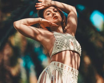 Macrame beach top and fringe skirt: rave outfit, goddess cotton dress, crochet top, swimsuit coverup
