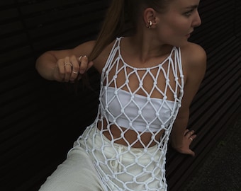 Aangepaste macramé-visnetjurk voor fotoshoot, rave of festivaloutfit van mesh