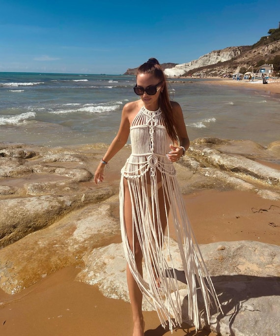 Adjustable bohemian macrame dress, greek goddess dress, wedding boho Beach dress, Beach coverup, summer cotton dress,