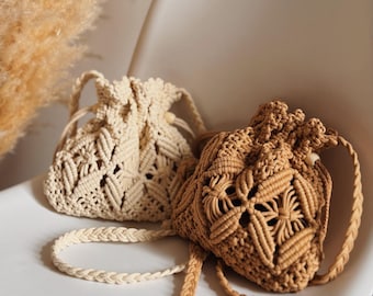 Boho macramétas, strandtas, crossbodytas met trekkoord, schoudertas, kleine emmertas, gehaakte tas, boho-tas, bohotasje, cadeauzakje