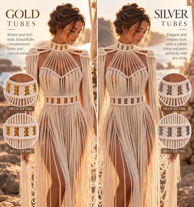 K&ouml;nnte beinhalten: Ein Makramee-Kleid mit hohem Ausschnitt und Taille, verziert mit goldenen oder silbernen R&ouml;hrchen. Das Kleidungsst&uuml;ck besteht aus cremefarbener Kordel und zeigt aufwendige Knotenmuster, lange Fransen und ein &auml;rmelloses Design.
