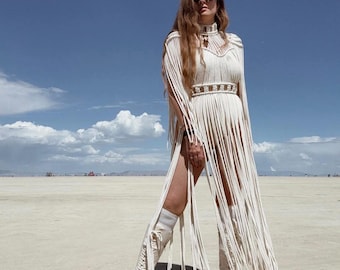 Fairy Griekse godin macramé jurk met franjes in bohostijl: voor festival, boho-bruiloft of fotoshoot, katoen, aangepast formaat