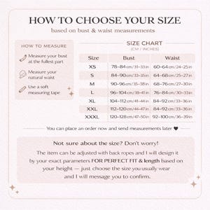 K&ouml;nnte beinhalten: Eine Gr&ouml;&szlig;entabelle mit dem Titel HOW TO CHOOSE YOUR SIZE und Anweisungen zum Messen von Brust und Taille. Sie enth&auml;lt eine Tabelle mit den Gr&ouml;&szlig;en XS bis XXXL sowie die entsprechenden Ma&szlig;e in Zentimetern und Zoll und Hinweise zu individuellen Anpassungen.