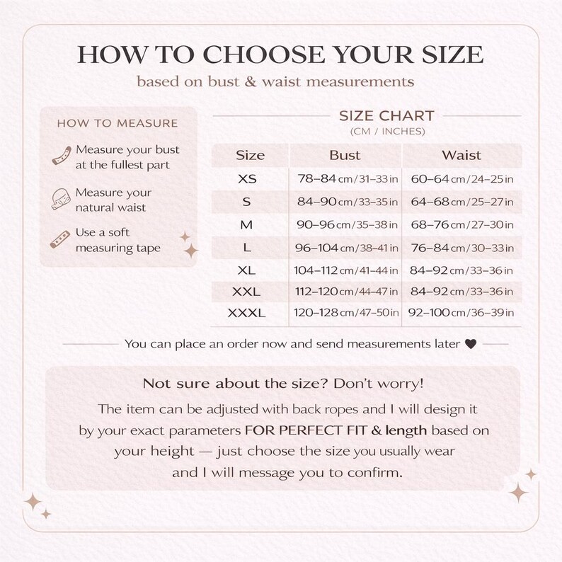 K&ouml;nnte beinhalten: Eine Gr&ouml;&szlig;entabelle mit dem Titel HOW TO CHOOSE YOUR SIZE und Anweisungen zum Messen von Brust und Taille. Sie enth&auml;lt eine Tabelle mit den Gr&ouml;&szlig;en XS bis XXXL sowie die entsprechenden Ma&szlig;e in Zentimetern und Zoll und Hinweise zu individuellen Anpassungen.