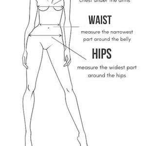 Op de afbeelding: Een zwart-witte lijntekening van een menselijk figuur met meetpunten voor kleding. De tekstlabels bevatten BUST measure the full chest under the arms, WAIST measure the narrowest part around the belly, HIPS measure the widest part around the hips, en MEASURE THESE PARAMETERS AND CHOOSE THE SIZE IN THE TABLE.