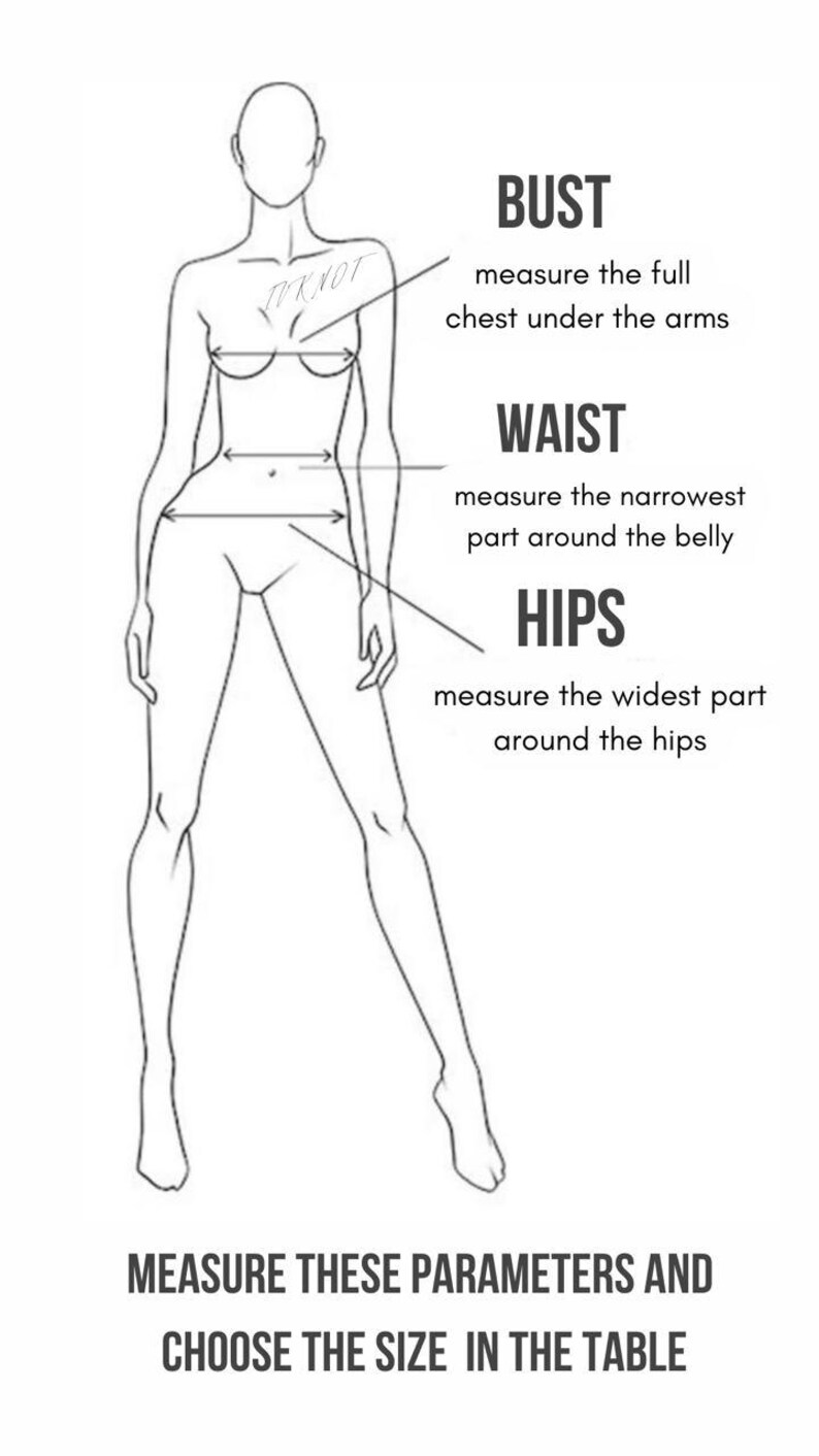 Op de afbeelding: Een zwart-witte lijntekening van een menselijk figuur met meetpunten voor kleding. De tekstlabels bevatten BUST measure the full chest under the arms, WAIST measure the narrowest part around the belly, HIPS measure the widest part around the hips, en MEASURE THESE PARAMETERS AND CHOOSE THE SIZE IN THE TABLE.