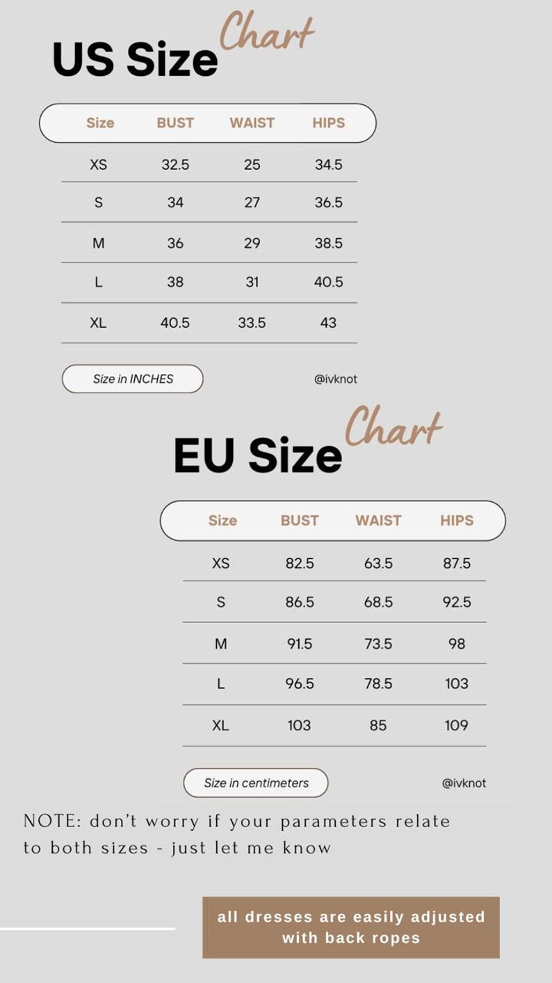 Op de afbeelding: Een maattabel met twee secties gelabeld als US Size Chart en EU Size Chart. De Amerikaanse tabel toont buste-, taille- en heupmaten in inches voor de maten XS tot XL. De EU-tabel toont maten in centimeters. Tekst bevat @ivknot en een opmerking over rugkoorden.