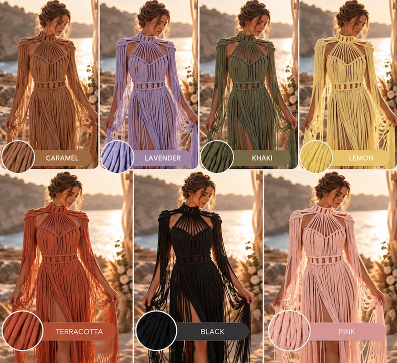 K&ouml;nnte beinhalten: Eine Kollektion bodenlanger Makramee-Kleider in den Farben Karamell, Lavendel, Khaki, Zitrone, Terrakotta, Schwarz und Rosa. Jedes Kleid verf&uuml;gt &uuml;ber einen hohen Ausschnitt, lange &Auml;rmel, ein eng anliegendes Oberteil mit vertikalen Kordeldetails und Fransen.