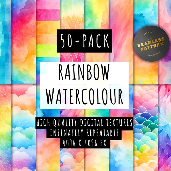 50 PACK | Watercolor Rainbow, Digital Papers, Seamless Pattern, Pastel, Digital Backgrounds