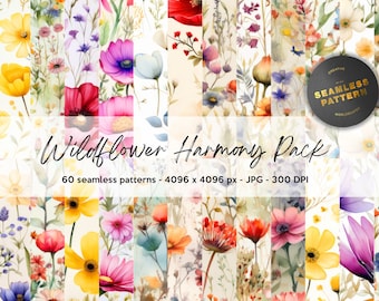 60 PACK, Watercolor Wildflowers, Seamless Pattern, Bundle, Digital Paper