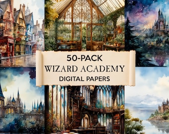 50 PACK - Wizard Academy Digital Paper, Wizard World Scrapbook, Magic School Backgrounds