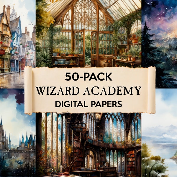 50 PACK - Zauberer Akademie Digitales Papier, Zauberer Welt Scrapbook, Zauberschule Hintergründe