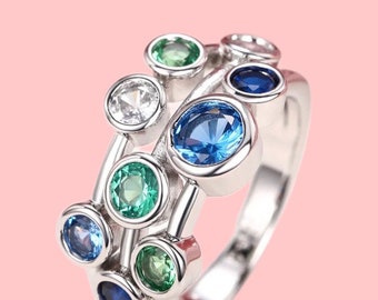 Blue and green  cubic zirconium multi layer bubble ring