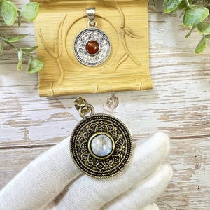 Oriental brass pendant with gemstone, round necklace pendant for macrame