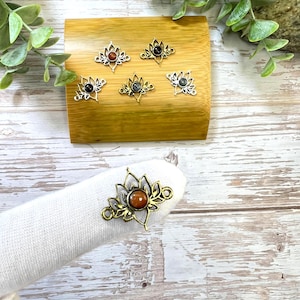Brass Lotus Flower Connector with Gemstone, Brass Connector with Two Eyelets for Macrame