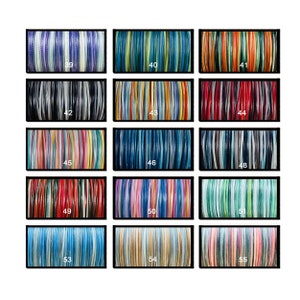 May include: A collection of 15 different colored leather cords, each with a unique striped pattern. The cords are numbered 39 through 55.