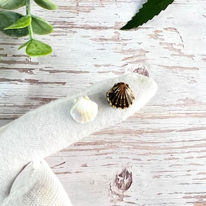 May include: Two small seashells, one white and one brown with a ribbed pattern, are displayed on a white cloth. The shells are set against a backdrop of a weathered, light-coloured wooden surface, with green foliage in the background.
