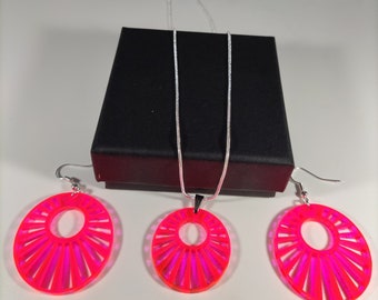 Pink acrylic silver earrings and silver necklace, silver earrings, art jewelry, acrylic jewelry, upcycled jewelry, handmade